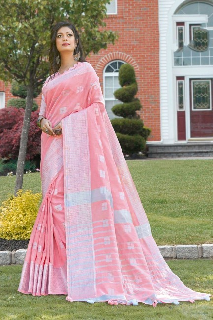 Pink Weaving Linen Saree