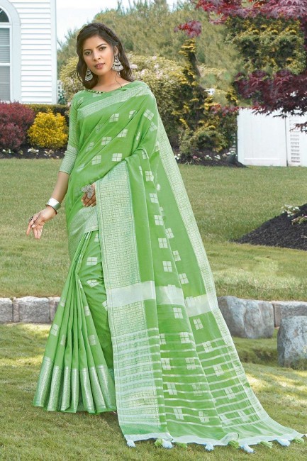Green Saree in Linen with Weaving