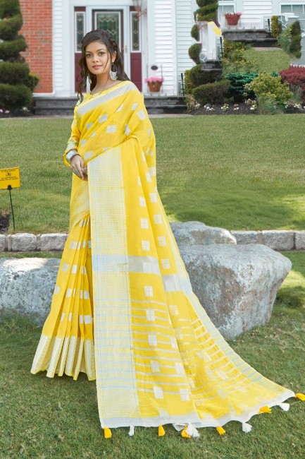 Yellow Saree in Linen with Weaving