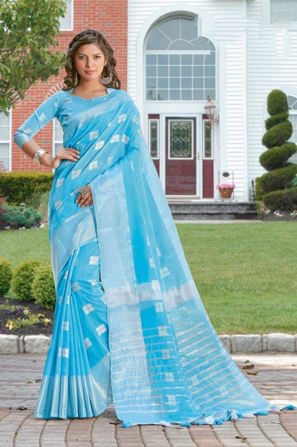 Weaving Linen Saree in Sky Blue with Blouse