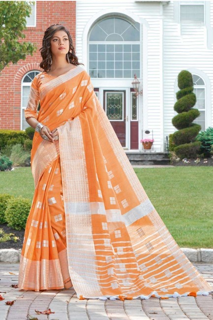 Weaving Saree in Orange Linen