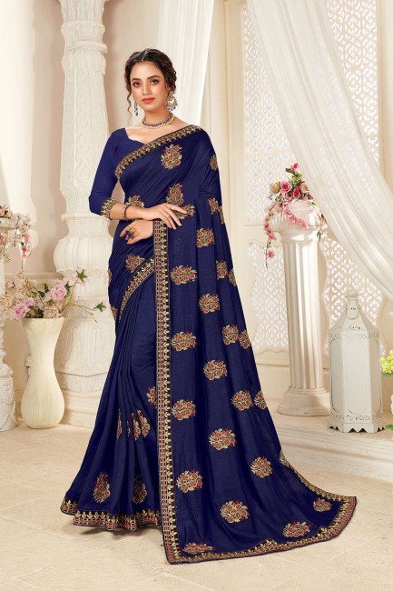 Saree in Navy Blue Silk with Embroidered