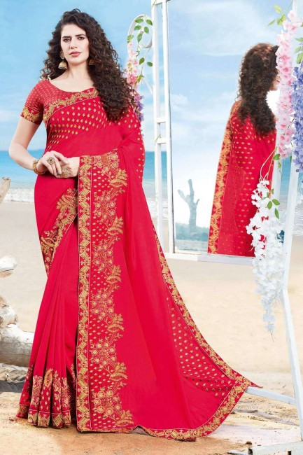 Elegant Pink Silk Saree with Embroidered