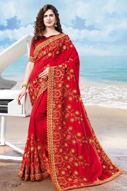 Latest Silk Saree with Embroidered in Red