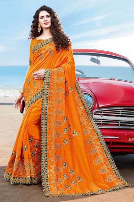 Ethinc Orange Saree with Embroidered Silk