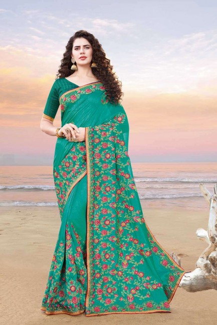 Silk Embroidered parrot Green Saree with Blouse