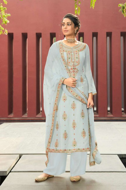 Eid Palazzo Suit in Light Blue Silk with Jacquard