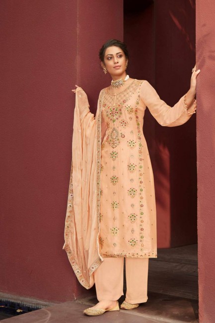 Fawn Peach Jacquard Palazzo Pant Eid Palazzo Suit in Silk