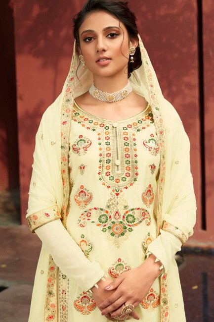 Cream Eid Palazzo Suit in Silk with Jacquard