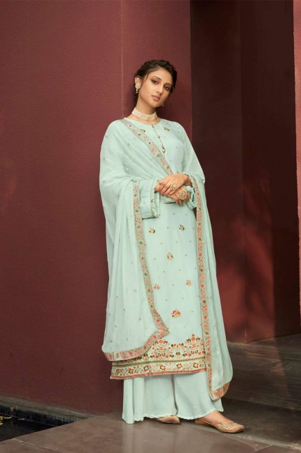 Sea Green Palazzo Pant Eid Palazzo Suit in Silk with Jacquard