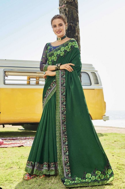 Fashionable Green Silk Saree with Embroidered