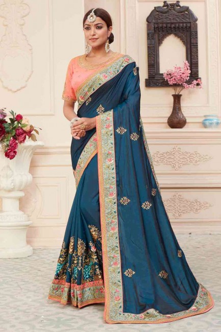 Cobalt Blue Silk Embroidered Saree with Blouse