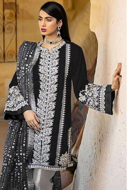 Black Faux Georgette Faux Georgette Eid Pakistani Suit with dupatta