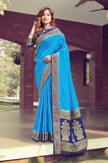 Saree in Sky Blue Silk with Weaving