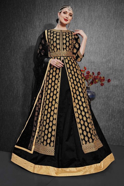 Black Silk Churidar Eid Anarkali Suit in Silk