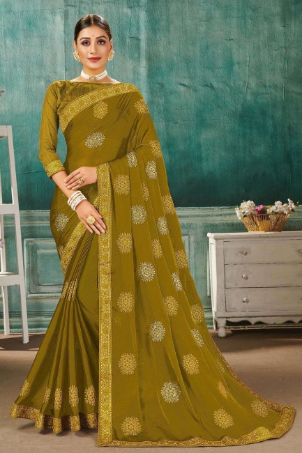 Mehendi Green Saree with Embroidered Chiffon