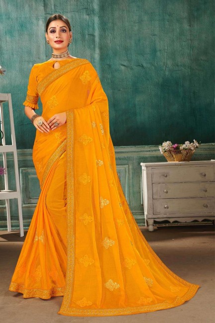 Embroidered Chiffon Saree in Yellow