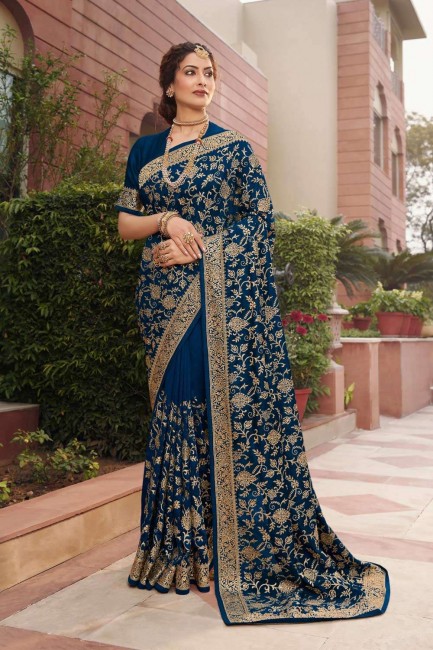 Embroidered Party Wear Saree in Navy Blue Silk