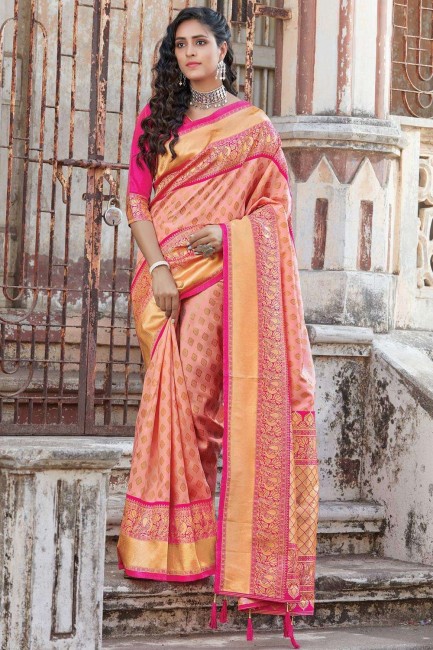 Peach South Indian Saree in Weaving Silk