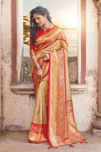 Silk South Indian Saree in Cream with Weaving