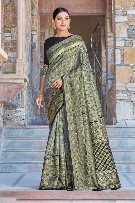Grey South Indian Saree with Weaving Silk