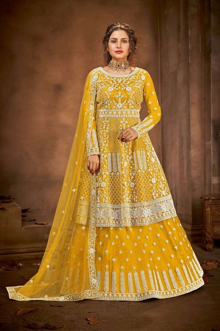Eid Anarkali Suit in Yellow Net with Net