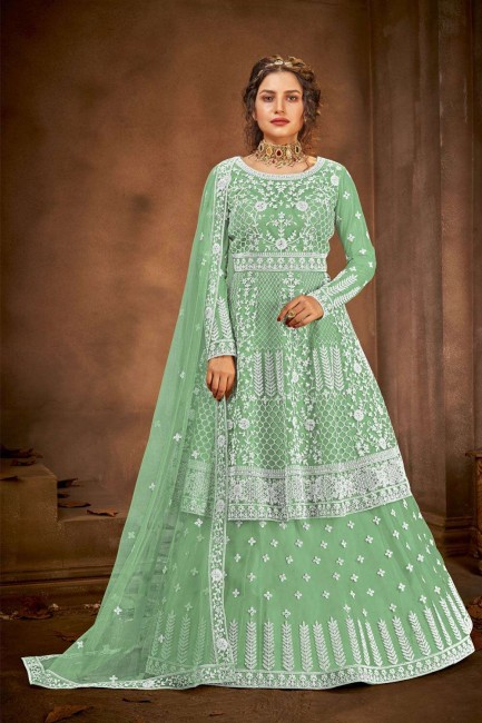 Net Eid Anarkali Suit in Green Net