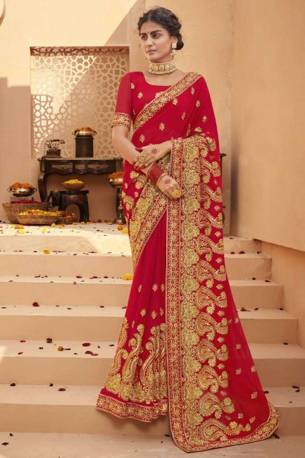 Latest Embroidered Bridal Saree in Red Georgette