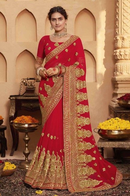 Red Embroidered Georgette Bridal Saree