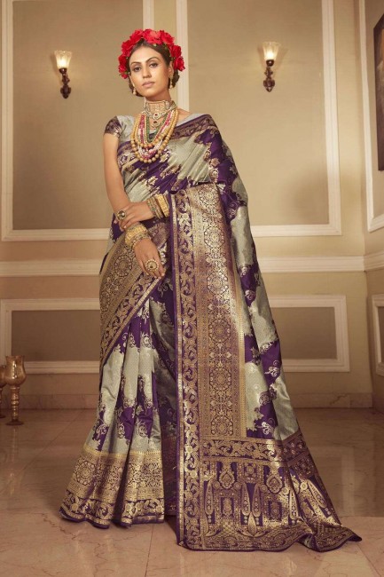 Latest Grey Saree with Weaving Banarasi raw Silk