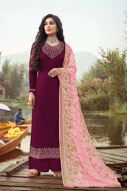 wine Purple Georgette Palazzo Suit with Georgette