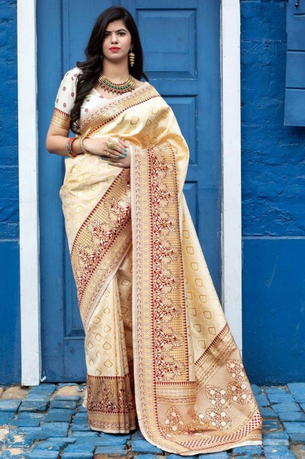 Weaving Banarasi raw Silk Saree in off White with Blouse