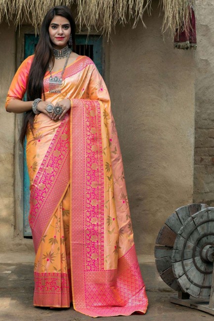 Orange Weaving Saree in Banarasi raw Silk