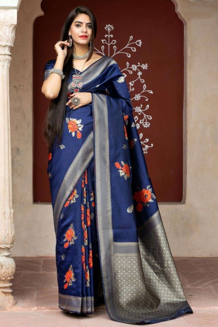 Banarasi raw Silk Navy Blue Saree in Weaving