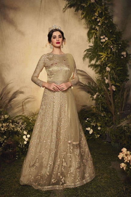 Light Golden Net Churidar Anarkali Suit in Net