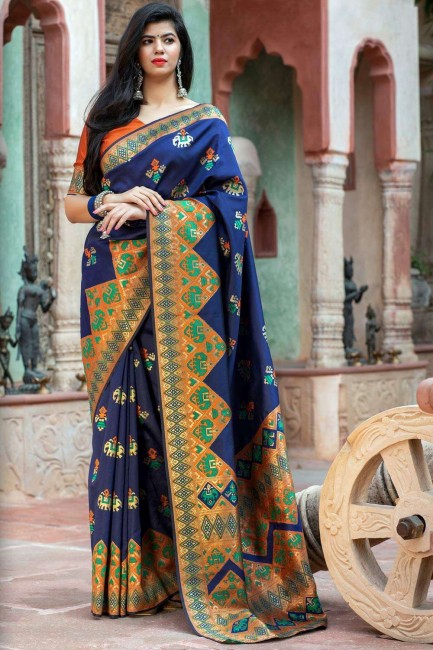 New Silk Saree with Weaving in Navy Blue