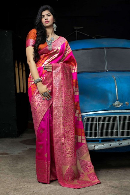 Banarasi raw Silk Weaving Pink Saree with Blouse