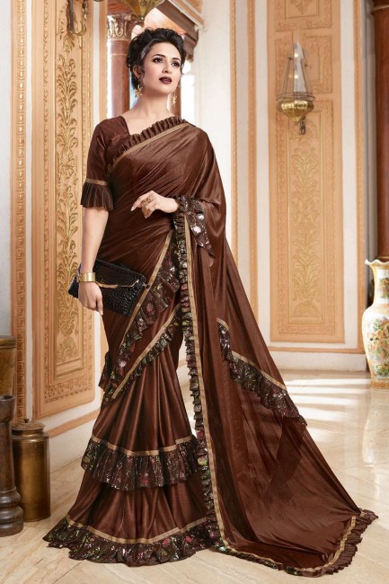 Satin Saree in Coffee  with Patch