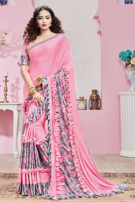 Lycra Hand Pink Saree with Blouse