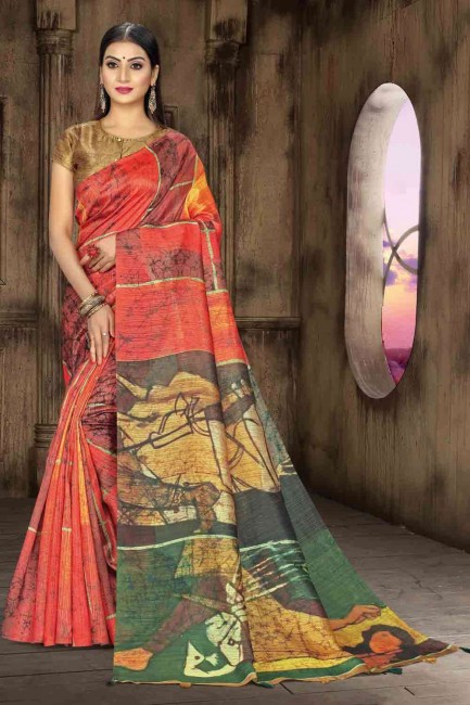 Salmon Saree with Printed Tusser Art silk