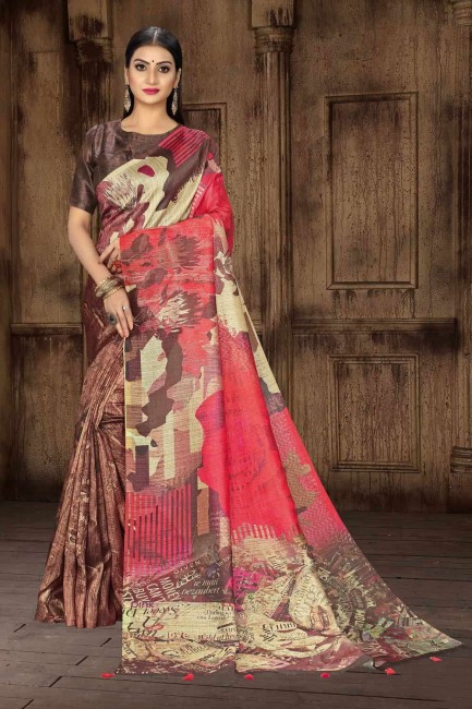 Brown Saree in Tusser Art silk with Printed
