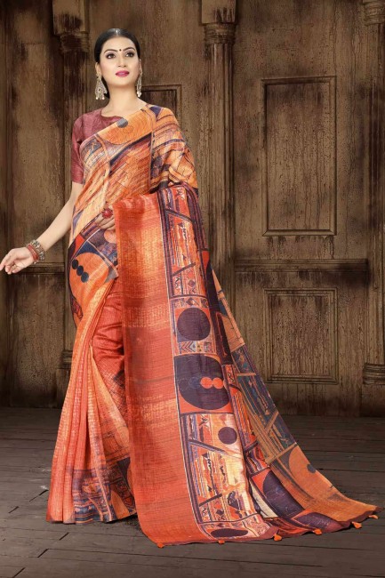 Printed Tusser Art silk Saree in Orange