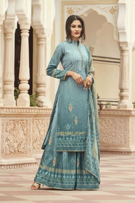 Sky Blue Palazzo Suit with Crepe Crepe