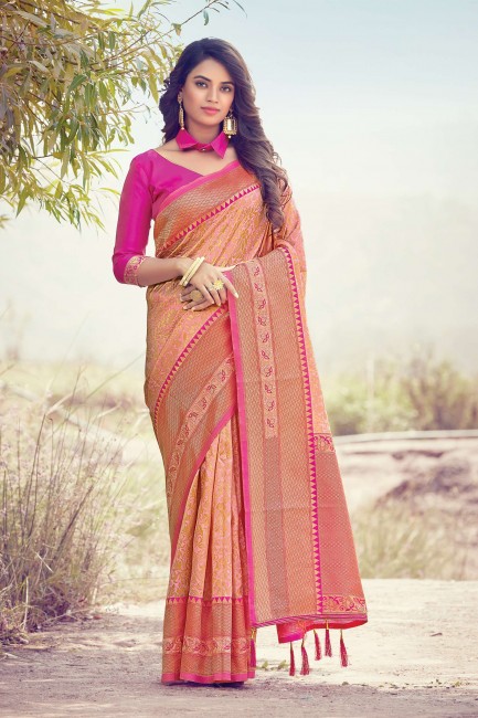Weaving South Indian Saree in Peach Silk