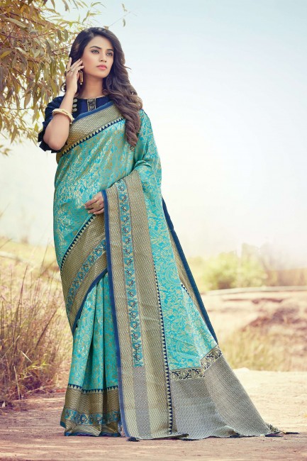 sky Blue Silk South Indian Saree with Weaving