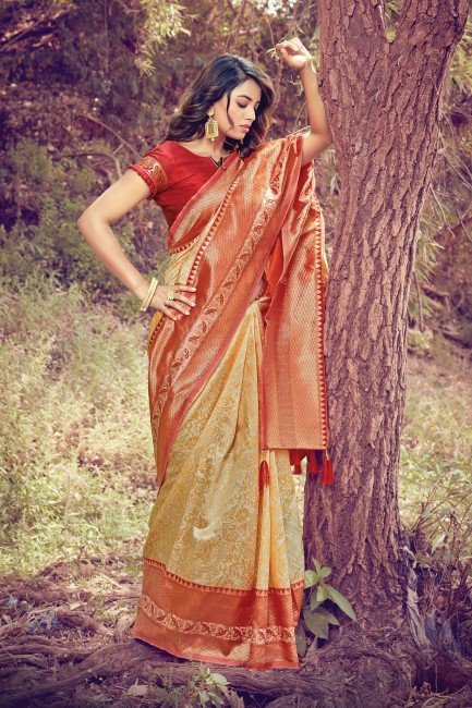 Silk South Indian Saree with Weaving in Red & Cream