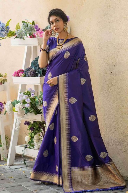 Banarasi raw Silk Weaving Royal Blue Saree with Blouse
