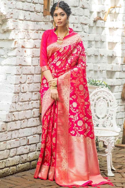 Saree in carrot pink Banarasi raw Silk with Weaving