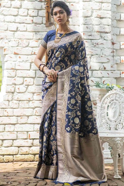 Luring Weaving Banarasi raw Silk Saree in Navy Blue with Blouse