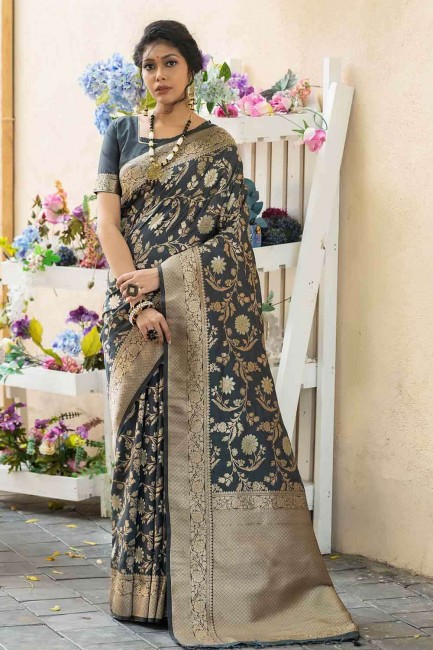 Banarasi raw Silk Saree with Weaving in Black